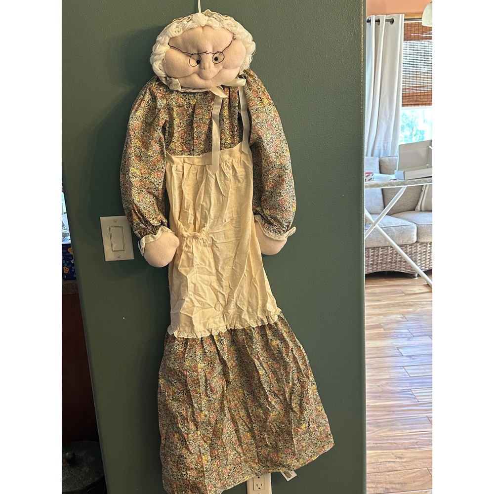 Vintage Handmade Soft Sculpture Grandma Doll Floral Calico Dress Folk Art Decor